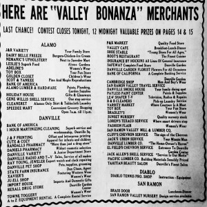 'Valley Bonanza Merchants' San Ramon Valley businesses in Valley Pioneer newspaper, 1964-We are one of the few businesses still operating! 